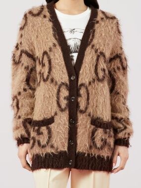 Gucci Brown & Tan Monogram Mohair Cardigan